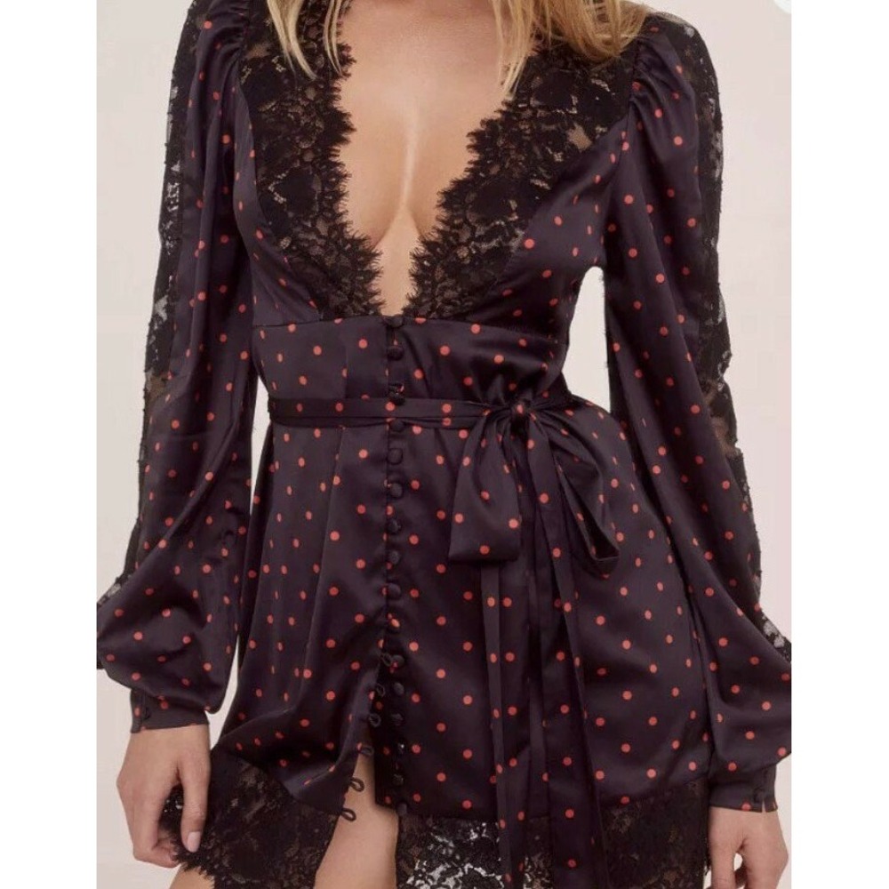 For Love & Lemons Women S Mini Dress Black Red Polka Dot Lace Long Sleeve Dress